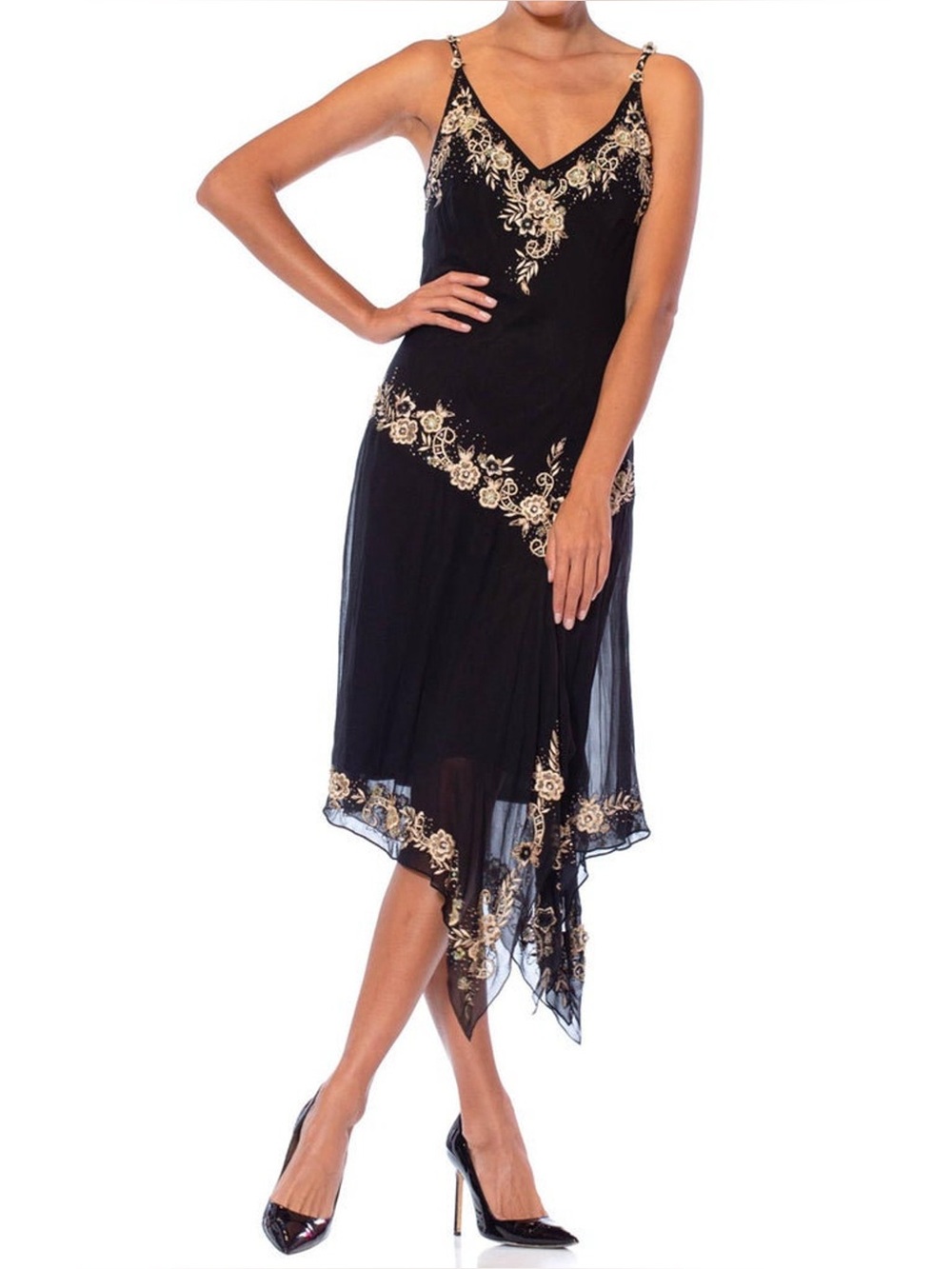 Cache Black Slip Silk Dress with Gold Floral Appliqué and Asymmetrical Hem